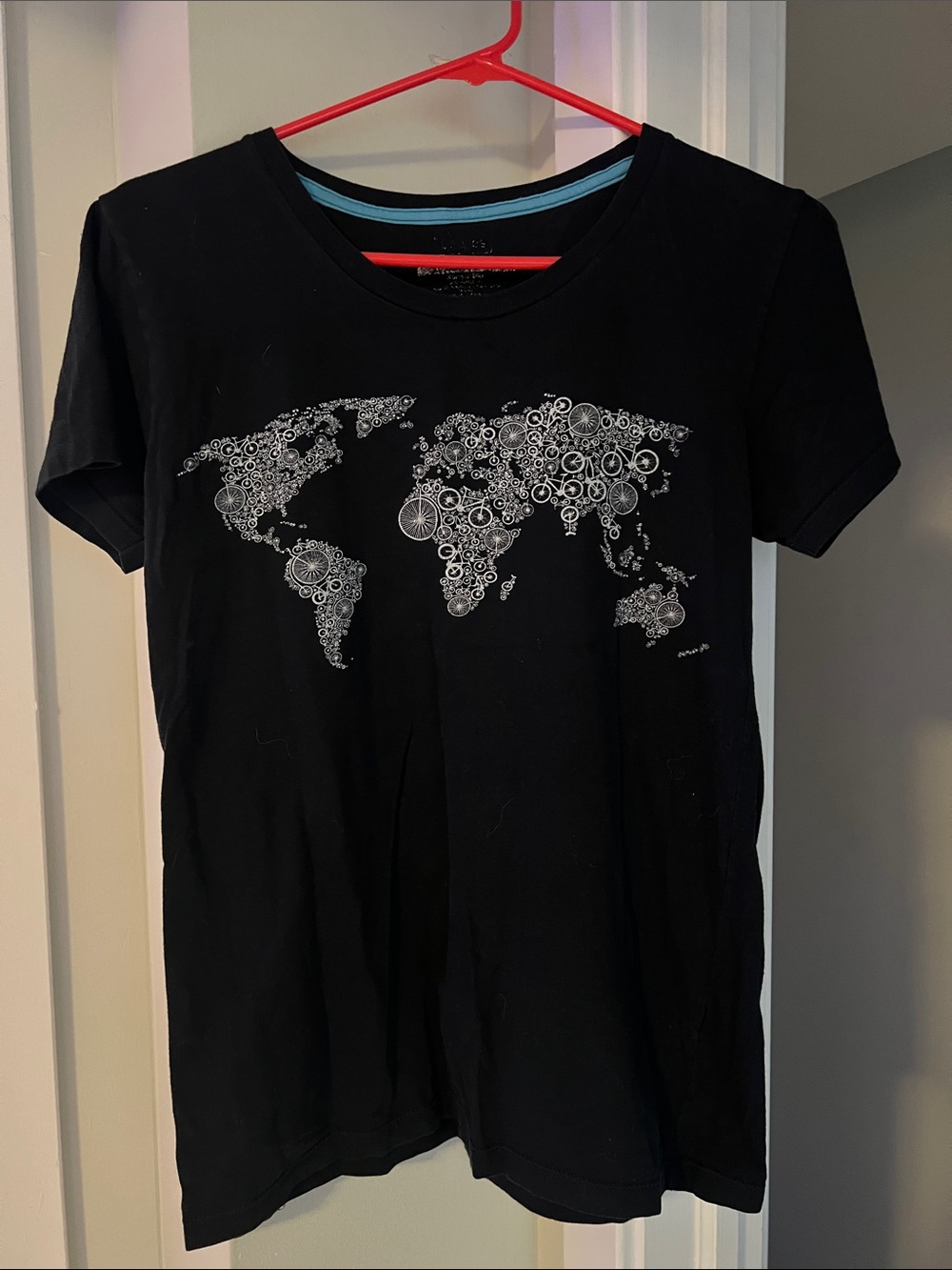 Black Graphic Tee with World Map Bicycle Design